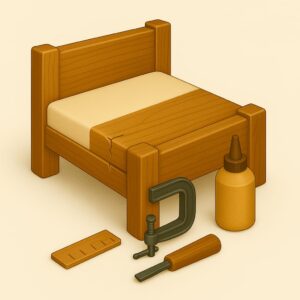 3D icon showing cracked wooden bed frame with clamp and glue, representing expert wooden bed frame repair in Chandigarh, Panchkula, Mohali homes and offices.