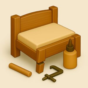 3D icon showing broken wooden bed leg with dowel and glue, representing expert bed leg repair service for home and office in Chandigarh, Panchkula, Mohali Tricity.