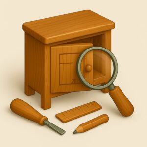 3D icon showing wooden cabinet with design sketch and carpenter tools, representing expert custom furniture modification advice for home and office in Chandigarh, Panchkula, Mohali Tricity.