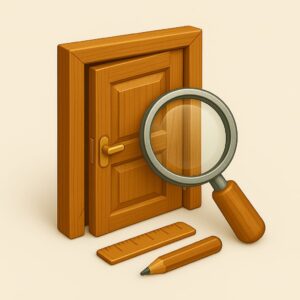 3D icon showing wooden door frame with misalignment gap and magnifying glass inspecting hinge, representing expert alignment consultation for home and office in Chandigarh, Panchkula, Mohali Tricity.