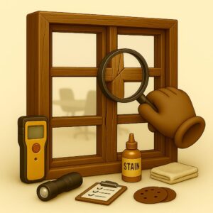 3D icon showing wooden window frame with mild cracks and misaligned joints, gloved hand holding magnifying glass, moisture meter, flashlight, and report clipboard for window frame inspection in Chandigarh, Panchkula, Mohali.