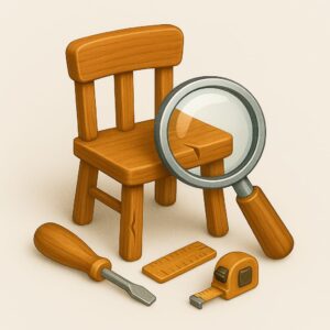 3D icon showing wooden chair leg inspection with magnifying glass, representing expert furniture repair assessment for home and office in Chandigarh, Panchkula, Mohali Tricity region.