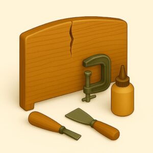 3D icon showing cracked wooden headboard with filler knife and clamp, representing expert headboard repair for home and office furniture in Chandigarh, Panchkula, Mohali.