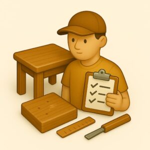 3D icon showing carpenter with clipboard inspecting furniture and measuring, representing expert on-site inspection and estimation in Chandigarh, Panchkula, Mohali Tricity homes and offices.