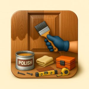 3D icon showing wooden door panel half-polished with a gloved hand applying polish using a brush, polish tin, sanding pad, level meter, and screws nearby — for Wooden Painting & Polishing by Chago partners on Chago in Chandigarh, Panchkula, Mohali.