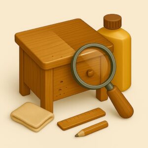 3D icon showing wooden table half polished with cloth and polish bottle, representing expert wood polishing and refinishing guidance in Chandigarh, Panchkula, Mohali Tricity region.