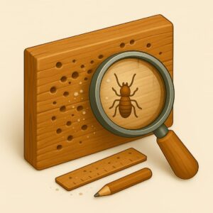 3D icon showing wooden surface with termite holes, wood dust, and magnifying glass, representing expert termite damage evaluation for home and office in Chandigarh, Panchkula, Mohali Tricity.