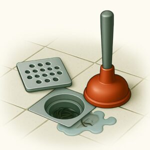 Clogged bathroom drain being cleared with tools and visible debris on tiled floor, ideal for expert service in homes and offices across Tricity.