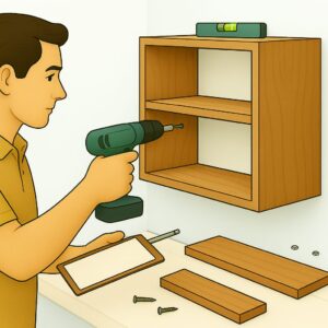 Carpenter fitting a modern wooden shelf using tools in a home or office setup. Professional installation across Tricity including Mohali, Chandigarh, Panchkula.
