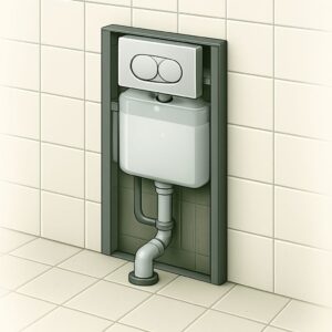 3D icon of a concealed flush tank installed inside a tiled wall with exposed dual flush panel and visible pipework, ideal for homes and offices.