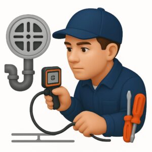 Realistic 3D icon showing drainage problem diagnosis service in Chandigarh, Panchkula, Mohali — includes clogged drain detection, sewer line check, and expert plumber help.