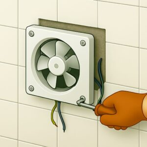Technician installing a square exhaust fan on a tiled bathroom wall with visible screws and wires, ideal for home or office ventilation in Tricity