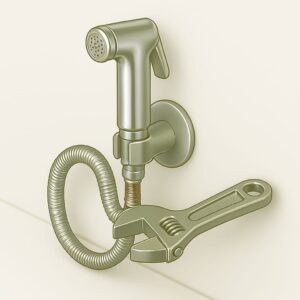 Hand faucet (jet spray) installed next to toilet — clean and compact fitting for homes and office bathrooms in Chandigarh, Mohali, and Panchkula.