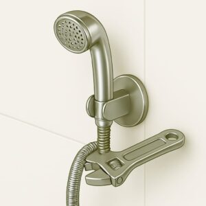 Alt Text: Wall-mounted hand shower with holder and flexible pipe — installed neatly for both home and office bathrooms in Chandigarh, Mohali, and Panchkula.