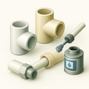 Professional PVC and CPVC pipe fitting showing elbows and joints with solvent welds, installed for home and office plumbing in Chandigarh, Mohali, and Panchkula.