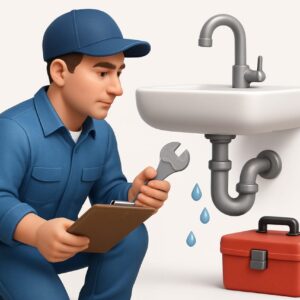 A realistic 3D-rendered icon of a professional plumber in a blue uniform inspecting a leaking pipe under a wrench in one hand and a clipboard in the other. Small water droplets are visible near the leak, with a toolbox beside him. The scene is clean, featuring soft lighting and subtle shadows on a light white background