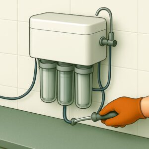 3D icon of a plumber installing a wall-mounted RO water purifier in a kitchen with visible filters and pipes for home or office setup.