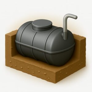Horizontal underground water tank buried in soil with visible lid and connected piping — installed for efficient water storage in Tricity homes and office buildings.