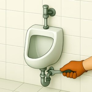 Wall-mounted ceramic urinal being installed with connected flush pipe by expert plumber, suitable for home or commercial use in Tricity region.