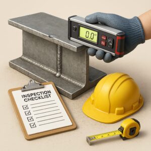 3D icon showing gloved hand inspecting welded steel beam with digital level tool, clipboard, helmet, and tape measure for welding inspection by Chago Partners in Chandigarh, Mohali.