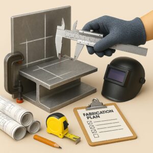 3D icon showing gloved hand using caliper on steel sheet clamped to workbench, with blueprint, clipboard, and welding mask for fabrication planning by Chago Partners in Mohali, Chandigarh.