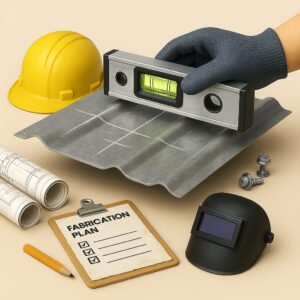 3D icon showing gloved hand using spirit level on lifted metal roofing sheet, with blueprint, helmet, and bolts for shed assessment by Chago Partners in Chandigarh, Panchkula.
