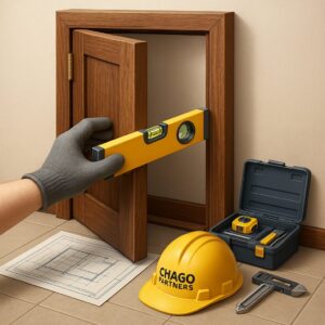 3D icon showing gloved hand using spirit level on partially open wooden door, with blueprint, tool kit, and branded yellow Chago Partners helmet for fitment advisory in Mohali, Panchkula.