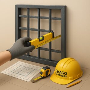 3D icon showing gloved hand measuring partially mounted window grill with tape, near floor plan, pencil, and Chago Partners helmet for safety consultation in Chandigarh, Mohali.