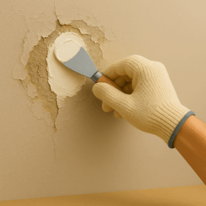 A gloved hand applying a putty knife to fix cracked and damaged wall texture with a smooth POP application.