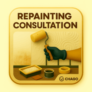 Professional repainting consultant showing paint swatches during home wall inspection in Chandigarh.