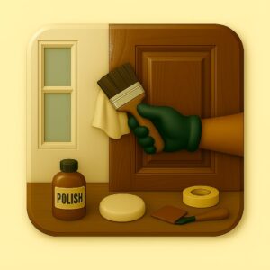 3D icon of gloved hand applying polish on a wooden door with soft cloth, shiny window next to it, bottle of polish used and buffing pad underneath — for Door & Window Polishing by Chago Partners on Chago in Chandigarh, Panchkula, Mohali.