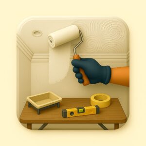 3D icon demonstrating a gloved hand painting a smooth indoor wall using a roller, with paint tray, painter's tape, and toolbox laid below — for Interior Wall Painting by Chago Partners on Chago in Chandigarh, Panchkula, Mohali.