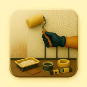 3D icon of a gloved hand painting a recessed POP ceiling with an upward roller, cornice edges prominent, scaffold and paint tray underneath — for POP Ceiling Painting by Chago Partners on Chago in Chandigarh, Panchkula, Mohali.