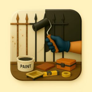 3D icon showing a gloved hand painting vertical iron gate bars with a slim brush, rust on one side, paint tin and toolbox below — for Grill & Gate Painting by Chago Partners on Chago in Chandigarh, Panchkula, Mohali.