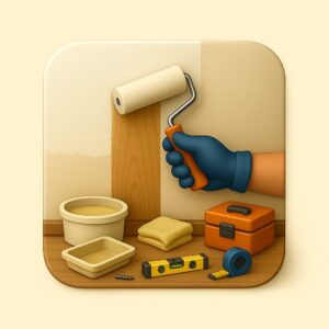 3D icon showing a gloved hand using a roller to paint a smooth indoor wall, with paint tray, painter’s tape, and toolbox placed below — for Interior Wall Painting by Chago Partners on Chago in Chandigarh, Panchkula, Mohali.