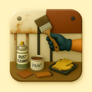 3D icon showing a gloved hand applying anti-rust primer to a corroded metal surface using a flat brush, with cleaner spray, paint tin, and gloves nearby — for Rust Protection Coating by Chago Partners on Chago in Chandigarh, Panchkula, Mohali.