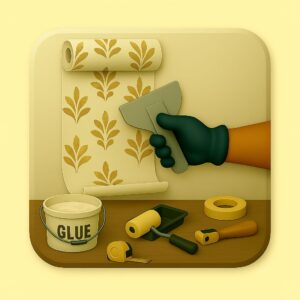 3D icon representing gloved hand painting stencil design on wall with sponge, floral pattern visible, painter's tape and tray below — for Custom Wall Stencils by Chago Partners on Chago in Chandigarh, Panchkula, Mohali