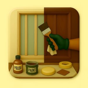 3D icon showing a gloved hand painting a wooden door panel with a brush, window frame beside it, paint tin and sanding pad below — for Door & Window Painting by Chago Partners on Chago in Chandigarh, Panchkula, Mohali.