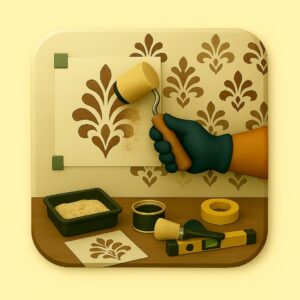 3D icon showing a gloved hand applying stencil design on a wall with sponge, floral pattern visible, painter’s tape and tray below — for Custom Wall Stencils by Chago Partners on Chago in Chandigarh, Panchkula, Mohali.