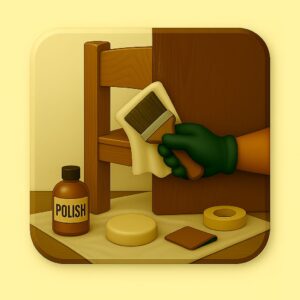 3D icon showing a gloved hand polishing a wooden chair with soft cloth, half glossy finish visible, polish bottle and buffing pad nearby — for Wooden Furniture Polishing by Chago Partners on Chago in Chandigarh, Panchkula, Mohali.