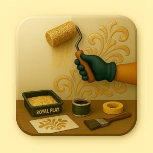 3D icon showing a gloved hand applying royal play texture with a stylized roller on a wall, abstract finish visible, with tray, stencil, and brush — for Royal Play Wall Art by Chago Partners on Chago in Chandigarh, Panchkula, Mohali