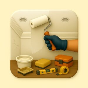 3D icon showing a gloved hand using a long roller to coat a rough outdoor wall, with paint bucket, scaffold, and toolbox nearby — for Exterior Wall Painting by Chago Partners on Chago in Chandigarh, Panchkula, Mohali.