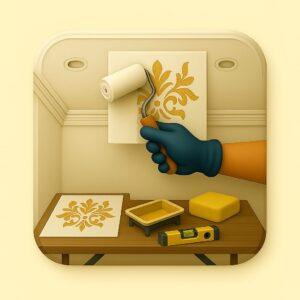 3D icon showing wallpaper roll partially applied to a wall, gloved hand smoothing with scraper, glue bucket, level meter, and tape below — for Wallpaper Installation by Chago Partners on Chago in Chandigarh, Panchkula, Mohali.