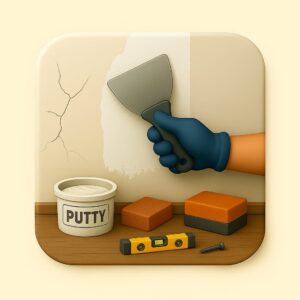 3D icon showing a gloved hand scraping peeling wall paint with a scraper, crack visible, putty knife and sanding pad nearby — for Painter Repair by Chago Partners on Chago in Chandigarh, Panchkula, Mohali.
