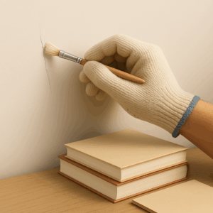 3D icon of a gloved hand touching a crack with a brush to repair an easily seen crack on a beige colored wall, books piled on a wooden table in the background — for Painter Repair by Chago Partners on Chago in Chandigarh, Panchkula, Mohali.