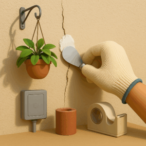A gloved hand places a big POP patch on a broken wall with a putty knife, with a ladder and toolbox nearby.
