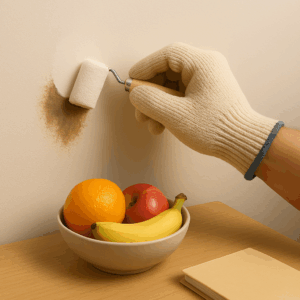 3D icon of a gloved hand applying a paint roller to paint over a dark-colored wall stain, with a fruit bowl and notebook on a wooden table — for Wall Repair by Chago Partners on Chago in Chandigarh, Panchkula, Mohali.