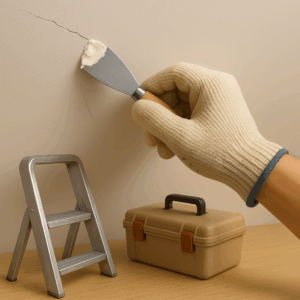 3D icon of a gloved hand applying a putty knife to fill a crack in a wall with filler, with a mini ladder and tool box in proximity — for Wall Repair by Chago Partners on Chago in Chandigarh, Panchkula, Mohali.
