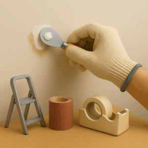 3D icon of gloved hand applying putty knife to fill small wall hole with filler, with mini ladder, sanding roll, and tape dispenser in the background — for Wall Repair by Chago Partners on Chago in Chandigarh, Panchkula, Mohali.
