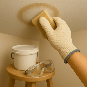 3D icon of a gloved hand sanding away a ceiling stain using a sanding sponge, paint bucket and safety goggles within reach on a nearby stool — for Ceiling Repair by Chago Partners on Chago in Chandigarh, Panchkula, Mohali.